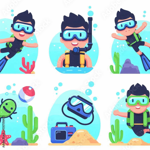 Cartoon scuba divers amid underwater elements and scuba gear icons