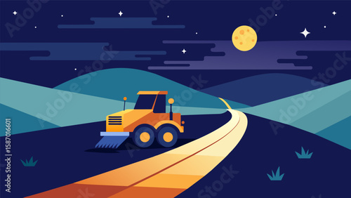 The night sky serves as the backdrop for a large machine spreading and compacting layers of asphalt on a previously stretch of road.. Vector illustration