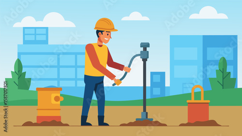 In one corner of the construction site an engineer is pumping grout into a borehole to stabilize the soil and prevent potential settling of the. Vector illustration