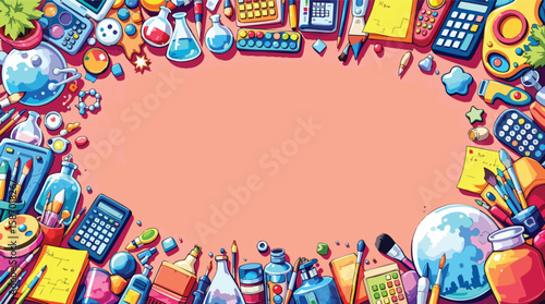Colorful school and science supplies bordering a pink background with copy space for creative designs.