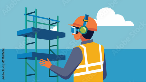 A worker standing on scaffolding using an AR headset to view a detailed 3D model of the final structure.. Vector illustration