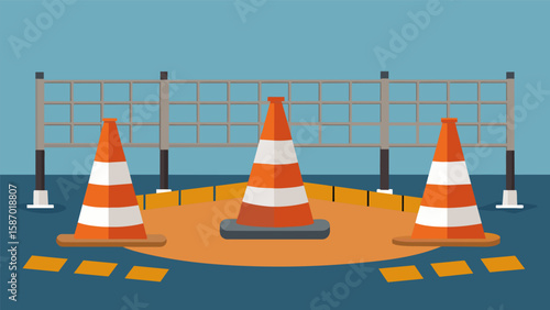 Safety cones p around open manholes with temporary fencing installed to prevent accidents.. Vector illustration
