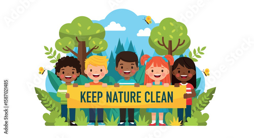 Children Holding Sign Keep Nature Clean