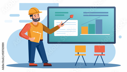 One contractor confidently presents their bid on a large screen at the front of the room using a laser pointer to highlight important details and. Vector illustration