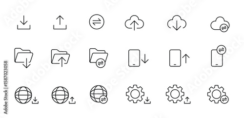 Minimalist Upload and Download Icon Set in Outline Style. Cloud, Folder, Mobile, Web, and Settings Data Transfer Symbols for UI, UX, Apps, Websites, and Digital Interfaces, Editable Outline