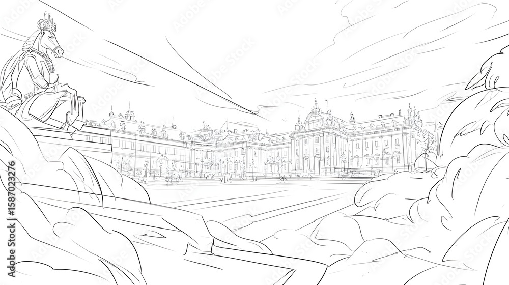 Fototapeta premium A linear sketch of a grand palace and a monumental statue.