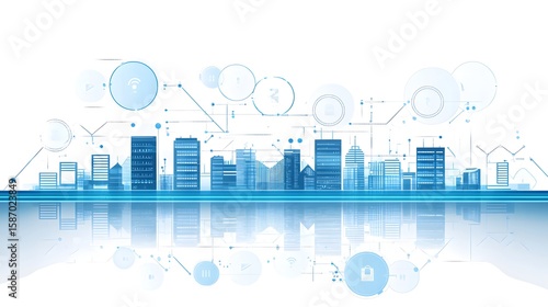 Futuristic city skyline with interconnected network elements.