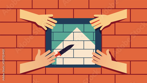 Skillful hands delicately carve out space for a window frame within a wall of perfectly laid bricks.. Vector illustration