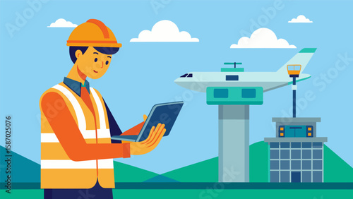 On a remote construction site an engineer uses a tablet to access and adjust the 3D model of an airport terminal ensuring accuracy before construction. Vector illustration