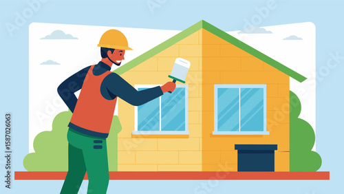 A worker using a special adhesive to attach foam board insulation to the exterior walls of a newly constructed house.. Vector illustration