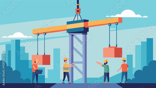 In a whirlwind of activity steelworkers guide a crane to carefully lower a massive steel column into place completing another section of the growing. Vector illustration