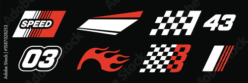 Motorsport vector collection featuring race cars, stripes, speed lines, tuning stickers, motocross labels, and checkered flags ideal for sport vehicle wraps and racing designs