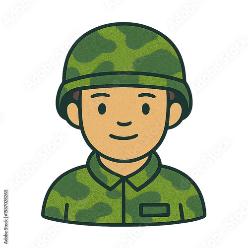 Illustration of a smiling soldier in camouflage uniform on a black background cartoon character