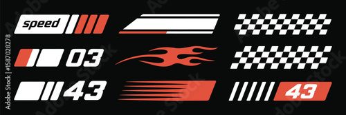 Racing cars and stripe vector set with checkered flags, motocross labels, speed lines, motorsport graphics, race decals, and tuning stickers for automotive and racing-themed design projects
