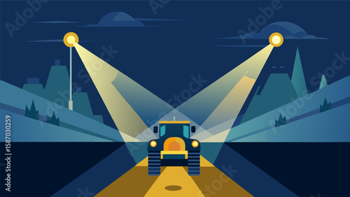 Light streams from the headlamps of heavy machinery the only source of visibility in the otherwise dark and quiet construction site.. Vector illustration