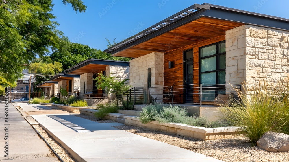 Fototapeta premium Modern stone and wood houses line a city street.