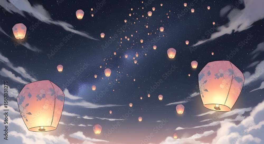 Naklejka premium Sky Full of Glowing Sky Lanterns at Dusk with Stars and Clouds