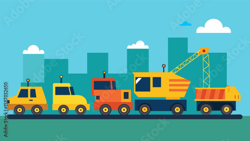 The magnitude of these machines in the lineup is a testament to the massive scope of the construction project at hand.. Vector illustration