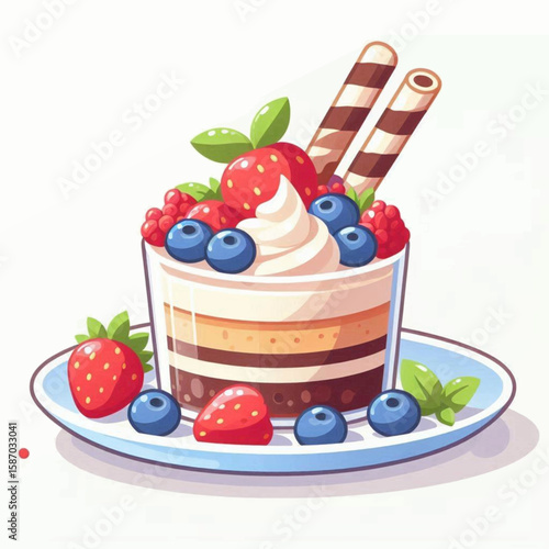 Dessert parfait in a glass garnished with fruit  striped wafers on a blue plate