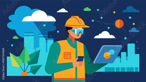 A worker using AR to simulate different weather conditions and their potential effects on the construction site.. Vector illustration