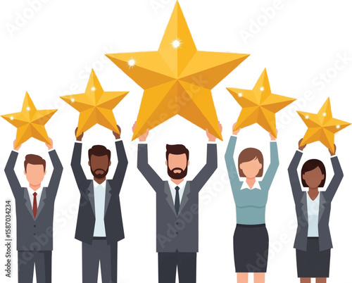 Diverse group of professionals holding up golden stars representing success and achievement