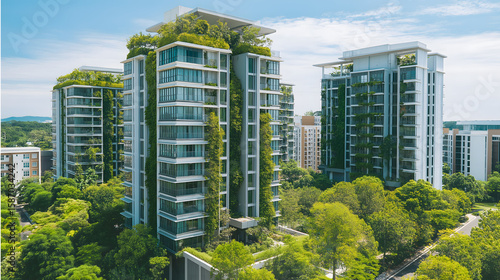 Sustainable Living in Modern Architecture: Eco-Friendly Green Buildings in Urban Cityscape with Residential Towers
