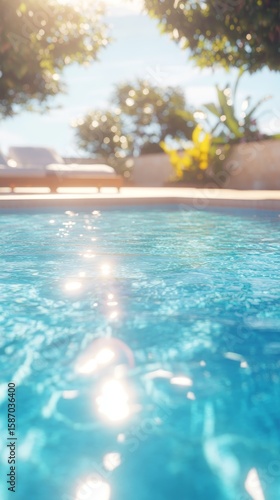 An inviting empty poolside surface bathed in sunlight, framed by a luxurious hotel swimming pool, evoking the perfect summer getaway vibe for relaxation and leisure