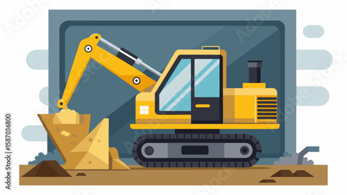 A wornout excavator its bucket swung open to reveal a cramped cab with levers and switches.. Vector illustration