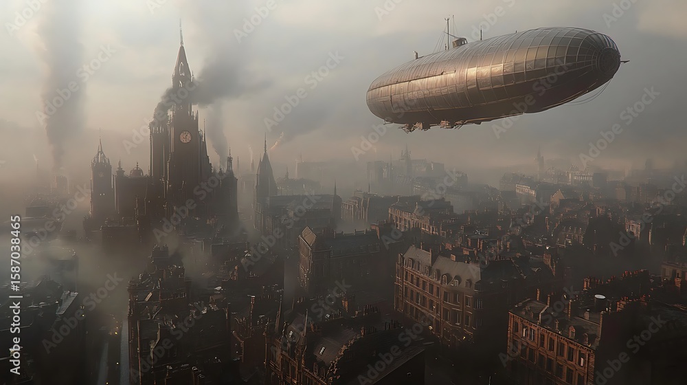 Naklejka premium Cityscape with airship in misty atmosphere