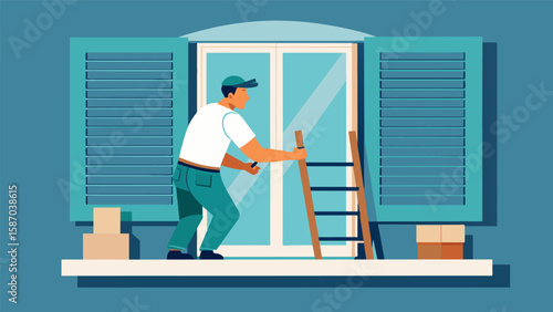 Master carpenters meticulously handcrafting Frenchstyle shutters to replace worn and weathered ones on a colonialstyle home preserving its traditional. Vector illustration