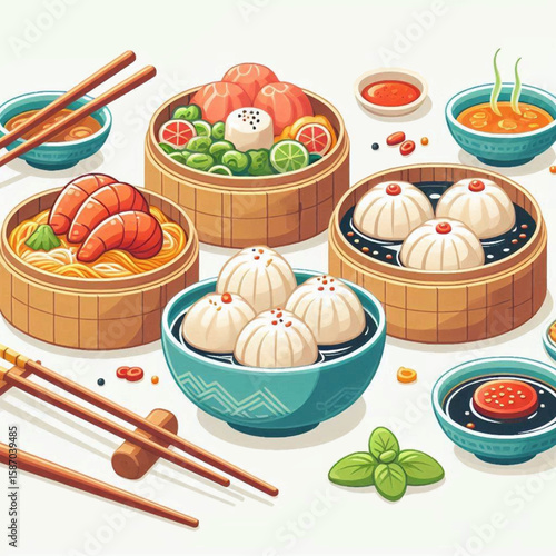 Food art showcases various Asian cuisine dishes including dim sum noodles and shrimp with accompanying sauces and garnishes