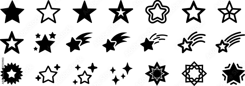 Naklejka premium A diverse collection of 21 black and white star icons—featuring filled, outlined, shooting stars, and decorative starbursts. Ideal for badges, ratings, designs, and celestial themes.
