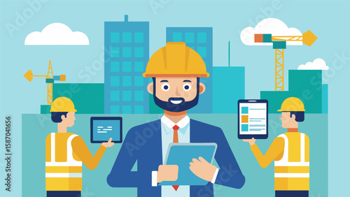 Technology takes the lead as project managers utilize digital tablets to coordinate with contractors and subcontractors for a seamless construction. Vector illustration