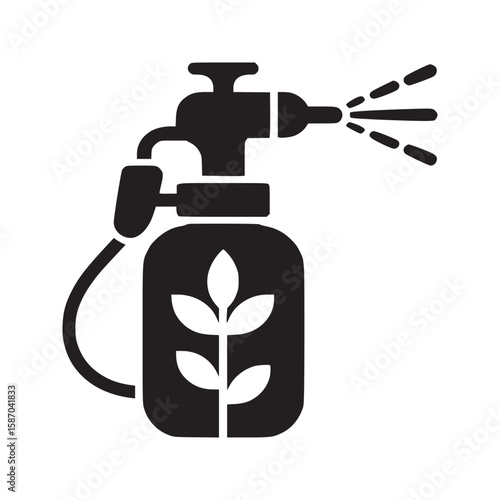 A black and white illustration of a garden sprayer with a plant design on the container body
