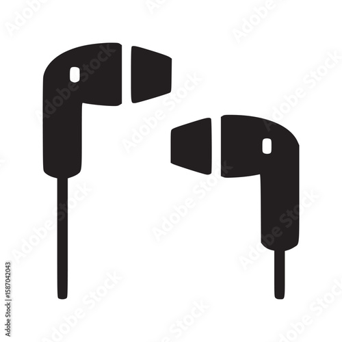 A minimalist illustration of two black wired earbuds on a plain white background in simple style