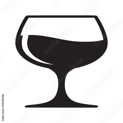 A simple black and white illustration of a wine glass filled with a dark liquid on a white background