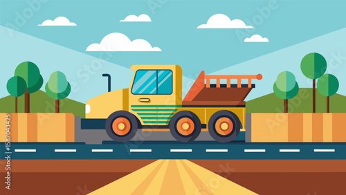 Heavy machinery is used to compact and flatten layers of soil and gravel in preparation for the road surface of the underpass.. Vector illustration