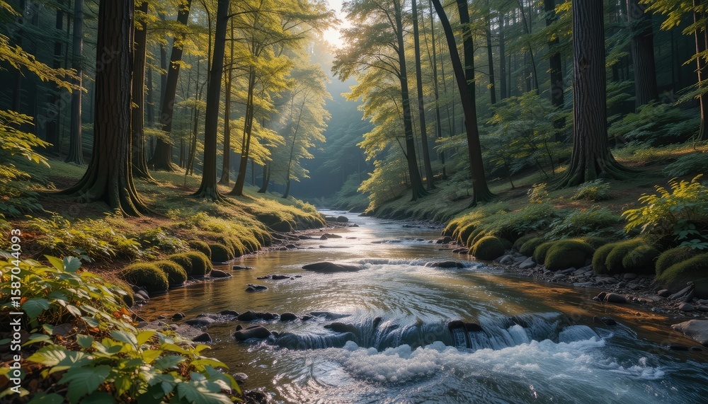 Fototapeta premium A river flowing through a dense forest with sunlight filtering through the trees creating a serene scene