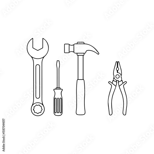 Line art of four tools wrench screwdriver hammer and pliers