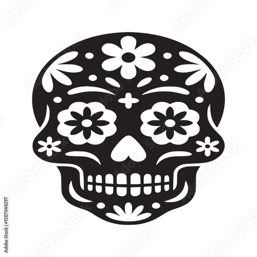 Stylized black and white sugar skull with floral patterns on a white background in vector art