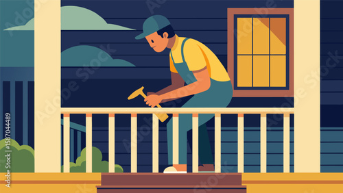 On the front porch a carpenter smoothly sands down the railing for a flawless finish.. Vector illustration
