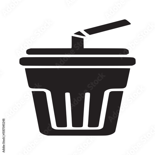Black silhouette of a drink in a cup with a lid and a straw on a white isolated background