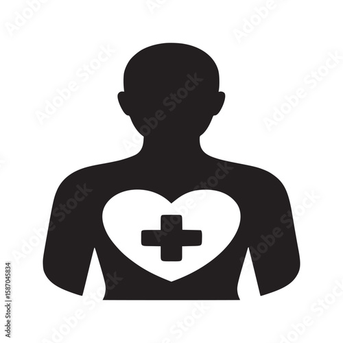 Silhouette of person with heart and plus symbol representing health and medical care concept design
