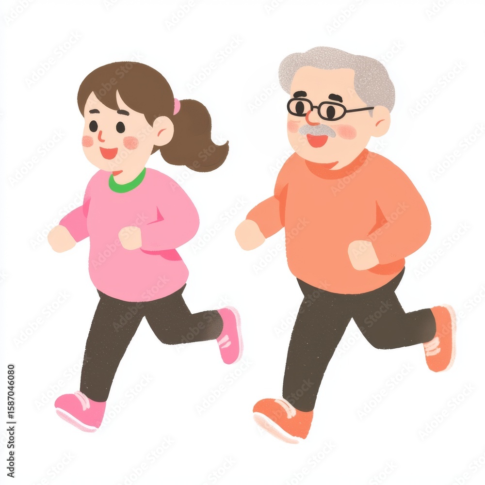 A cheerful illustration of a young girl and an elderly man jogging together, promoting fitness and companionship. A cheerful illustration of a young girl and an elderly man jogging together, promoting fitness and companionship.
