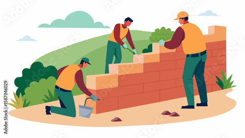 The finishing touches are put in place as workers add a top layer of decorative stones to the exposed face of the retaining wall blending it. Vector illustration