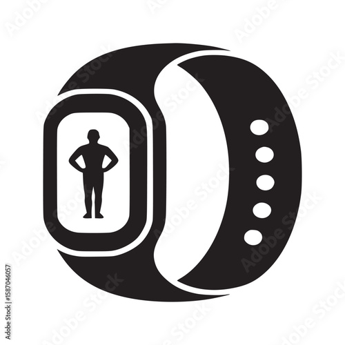 A black fitness tracker with a screen showing a person standing with hands on hips in silhouette