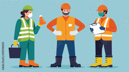The officer checks that all workers are wearing the appropriate personal protective equipment PPE such as safety boots high visibility vests and. Vector illustration