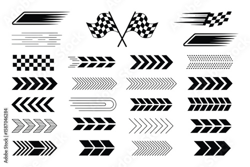 Motorsport design pack with racing car stripes, checkered flags, finish line elements, dynamic lines, and motocross labels
