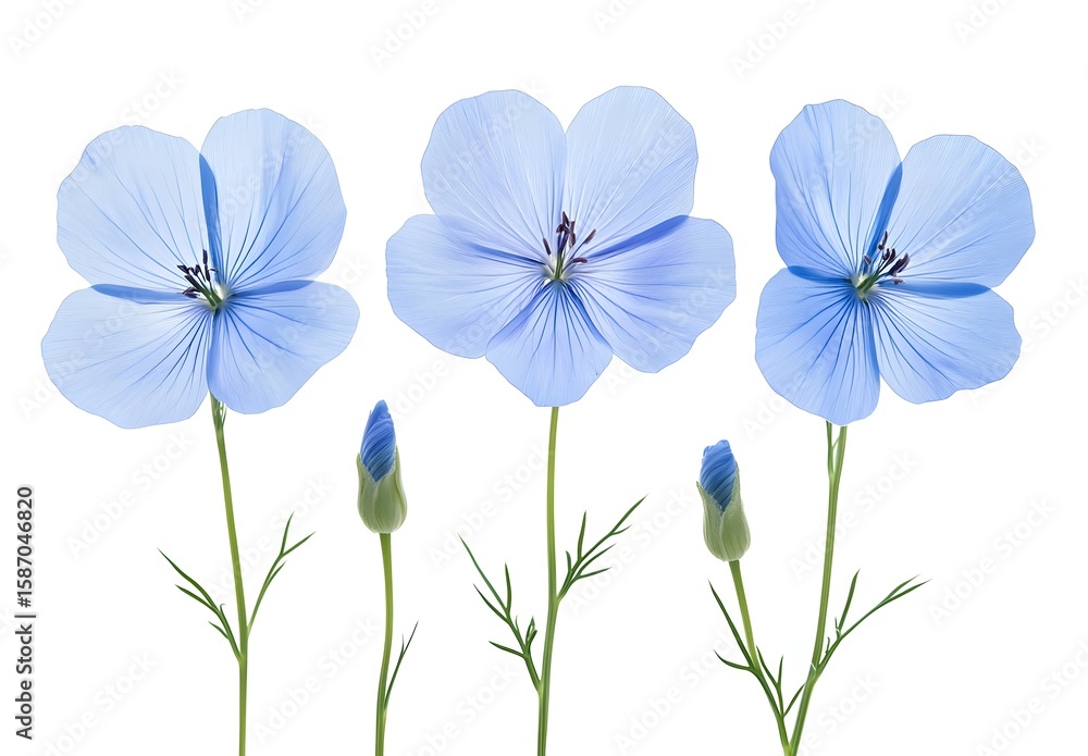 Naklejka premium Close-up of three fresh blue flax flowers arranged naturally on white. Soft petals and gentle structure offer a peaceful, minimalist aesthetic.