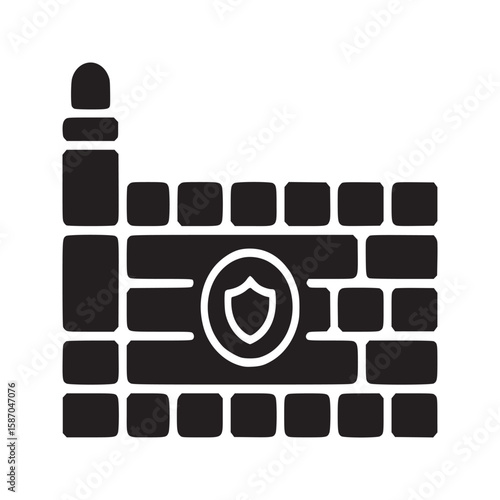 A black and white illustration of a brick wall with a shield symbol in the middle of the wall